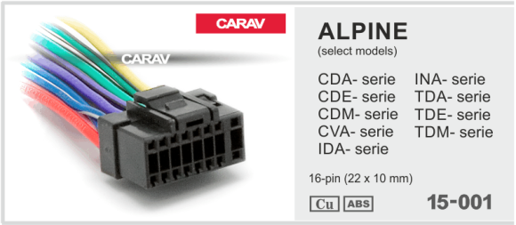 Разъем для автомагнитол ALPINE CDA-; CDE-; CDM-; CVA-; IDA-; INA-; TDA-; TDE-; TDM-series 16-pin (22x10mm) (Carav 15-001)