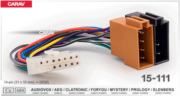 Разъем для автомагнитол OEM: AUDIOVOX / AEG / CLATRONIC / FORYOU / MYSTERY / PROLOGY / ELENBERG 14-pin (31x10mm) (Carav 15-111)