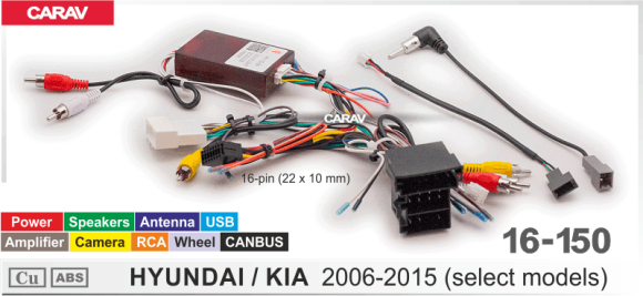 Carav 16-150 | разъем 16-pin Hyundai, Kia 2006-2015 выборочн. модели (Mini-ISO+Питание+Динамики+Антенна+Камера+USB+2RCA+Усилитель+CANBUS)