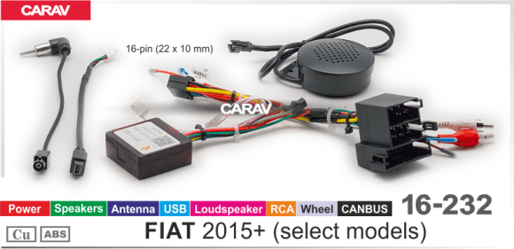 Carav 16-232 | Кабель для подключения автомагнитолы 9 и 10 дюймов для FIAT 2015+ (выборочные модели) / Питание + Динамики + Антенна + Руль + USB + RCA + CANBUS Simple Soft)
