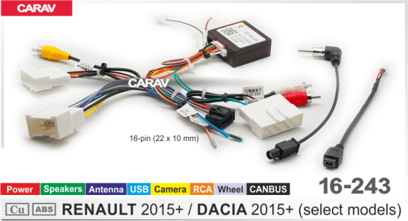 Carav 16-243 | Комплект проводов для подключения 7" / 9" / 10" Android-Автомагнитол (16-pin) для RENAULT 2015+ выборочн. модели (Питание + Динамики + Антенна + Руль + Камера + USB + RCA + CANBUS)