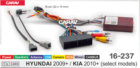 Carav 16-237 | разъем 16-pin Hyundai 2009+, Kia 2010+ выборочн. модели (Питание + Динамики + Антенна + Руль + Камера + USB + RCA + CANBUS)