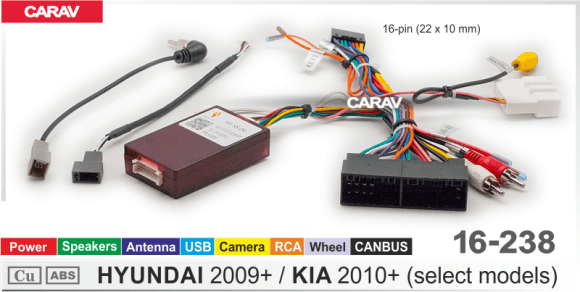 Carav 16-238 | разъем 16-pin Hyundai 2009+, Kia 2010+ выборочн. модели (Питание + Динамики + Антенна + Руль + Камера + USB + RCA + CANBUS)