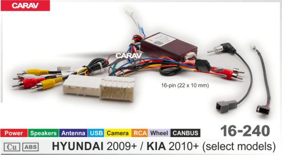 Carav 16-240 | разъем 16-pin Hyundai 2009+, Kia 2010+ выборочн. модели (Питание + Динамики + Антенна + Руль + Камера + USB + RCA + CANBUS)
