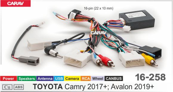 Carav 16-258 | разъем 16-pin Toyota Camry 2017+  Avalon 2019+ (Power + Speakers + Antenna + Wheel + USB + RCA + Camera + CANBUS)
