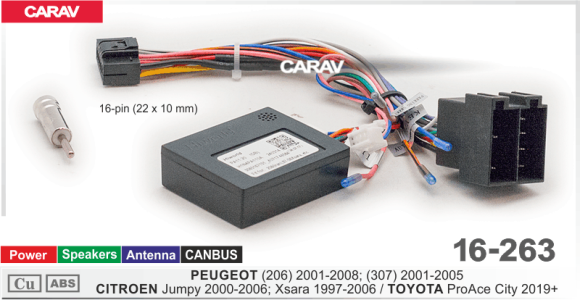 Carav 16-263 | разъем 16-pin  PEUGEOT (206) 2001-2008, (307) 2001-2005  CITROEN Jumpy 2000-2006, Xsara 1997-2006  TOYOTA ProAce City 2019+ выборочн. модели (Mini-ISO  Power + Speakers + Antenna + CANBUS)