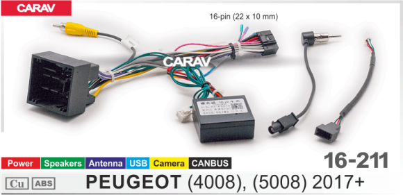 Carav 16-211 | разъем 16-pin  PEUGEOT (4008), (5008) 2017+ (Power + Speakers + Antenna + USB + Камера + CANBUS)